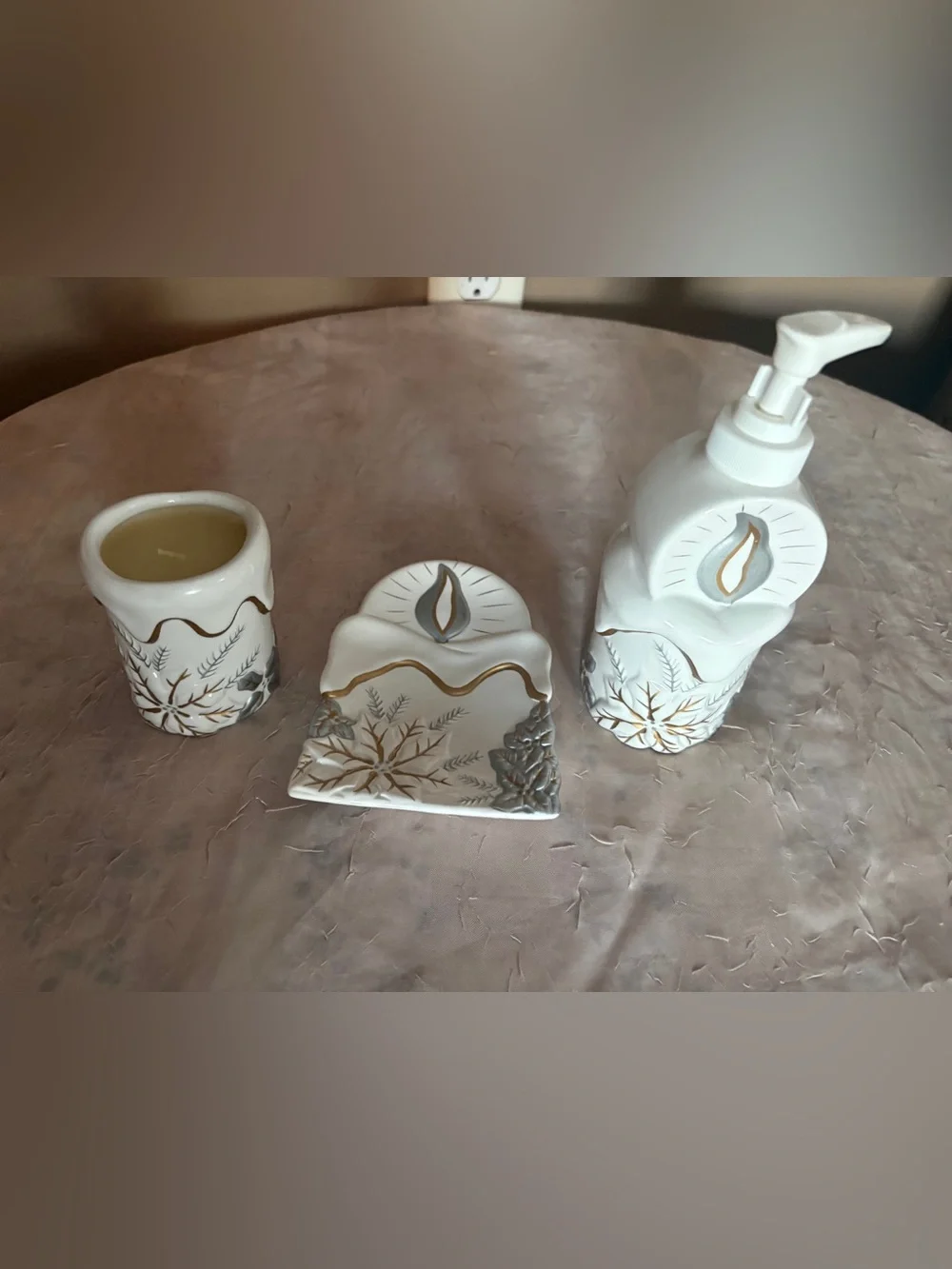 White Ceramic Bathroom Accessory Set with Gold and Silver Accents